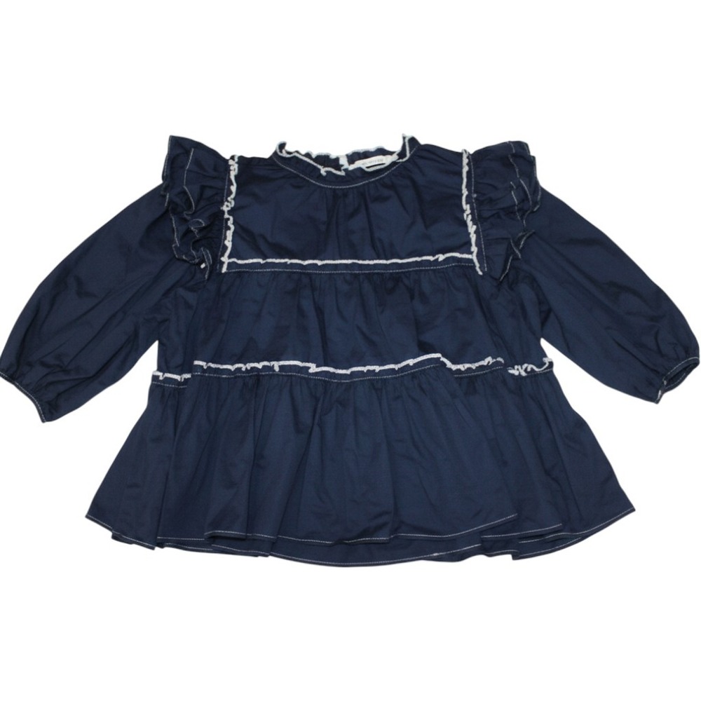 • In The Beginning Ruffle Blouse Large Navy Blue Tiered Peplum Puff Sleeve Large